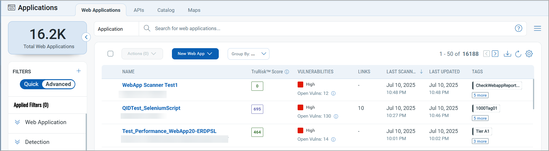 advanced filter in web application tab.